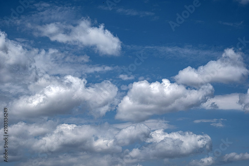 White cumulus clouds in a blue sky. Soft, cotton-like white clouds.