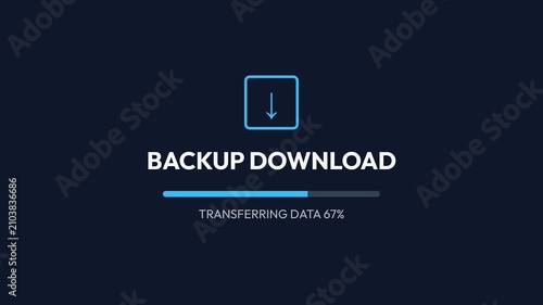 Animated digital interface showing a vibrant blue download icon and a dynamic progress bar for 'BACKUP DOWNLOAD', with 'TRANSFERRING DATA' text and percentage increasing from 0% to 100% on a dark