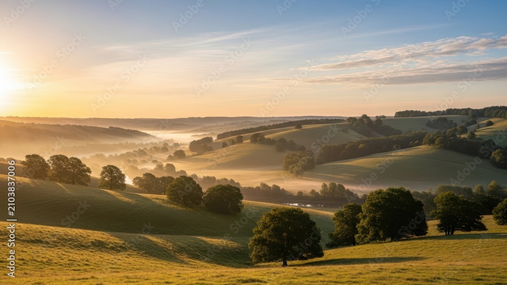 Fototapeta premium Misty Sunrise Over Rolling Hills in the Countryside