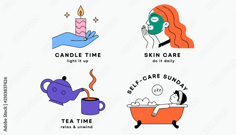Fototapeta premium Self-care Sunday vector icon set, wellness and relaxation illustrations, skin care and tea time lifestyle graphics, flat line art wellness elements