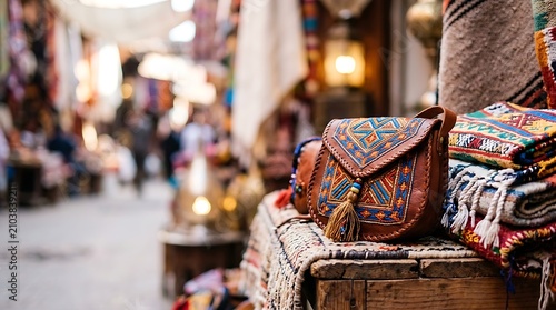 Traditional leather bag with embroidery at an outdoor market