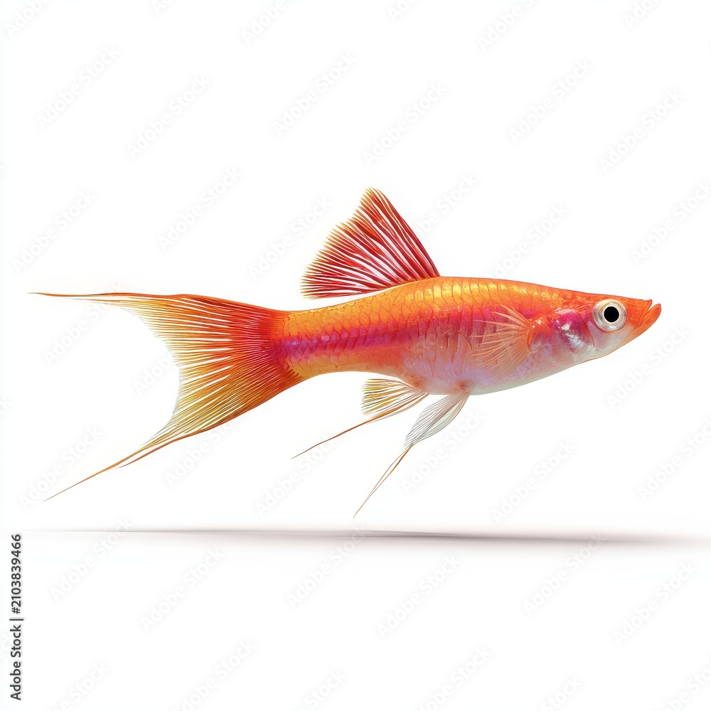 Fototapeta premium Vibrant Orange And Red Lyretail Swordtail Fish Isolated On A Plain White Background