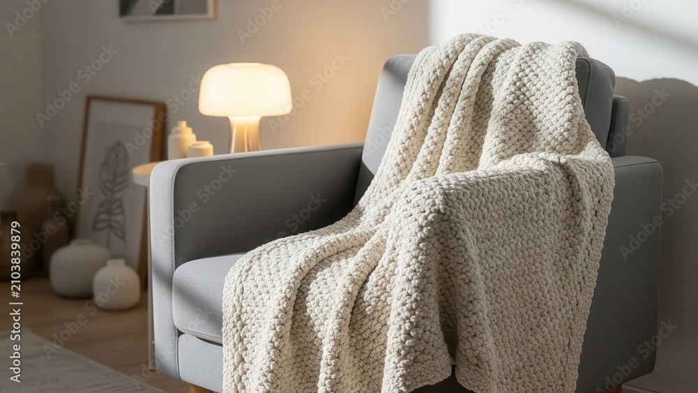 Obraz premium Cozy Blanket Draped Over a Comfortable Armchair with Ambient Lamp