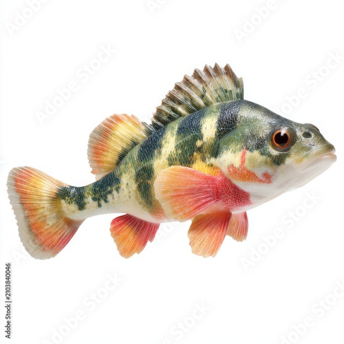 Vibrant Yellow And Green European Perch Fish Isolated On A Clean White Background