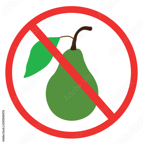 A green pear with a leaf inside a red prohibition sign, indicating no pears allowed or forbidden fruit.