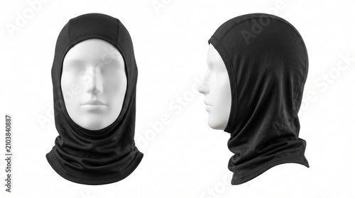 Black tactical balaclava hood mockup on mannequin head showing front and profile view for athletic headwear design