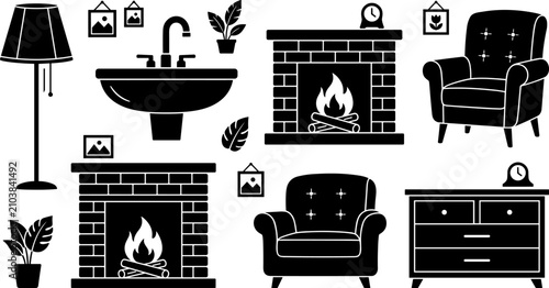 Foto Living Room Furniture and Home Interior Icon Set with Fireplace Armchair Floor L