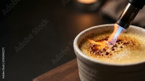 Chef using kitchen torch to caramelize sugar on creme brulee