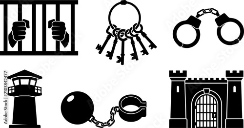 Foto Prison and Law Enforcement Silhouette Icon Set with Handcuffs Jail Bars Keys Wat