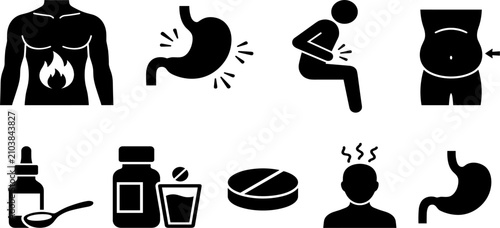 Obraz na płótnie Stomach Ache and Indigestion Medical Icon Set with Heartburn Bloating Gastritis