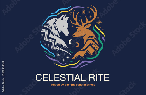 Fotografie Stylized wolf and deer illustration symbolizing ancient celestial rites with cel