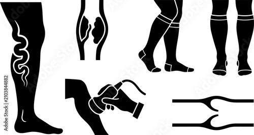 Bild auf Leinwand Varicose Veins Medical Treatment Icon Set with Compression Stockings Ultrasound