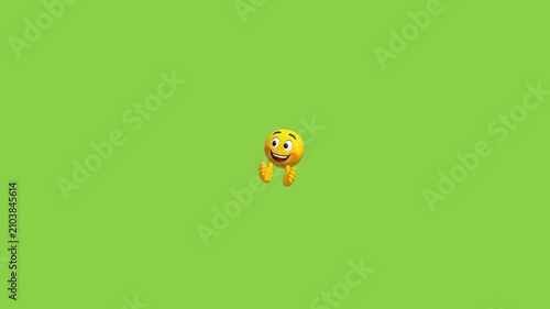 Cheerful yellow emoticons expressing positive emotions against a solid bright green background panoramic view with performing expressive gestures gestures clapping giving smiley faces performing