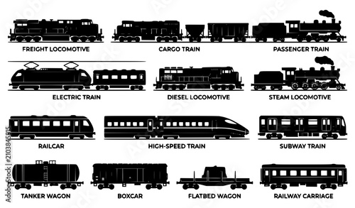 Foto Black and White Freight Train and Railway Transport Silhouette Vector Set