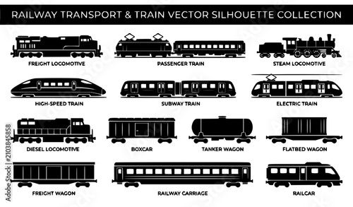 Foto Black and White Freight Train and Railway Transport Silhouette Vector Set