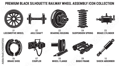 Bild auf Leinwand Black silhouette railway wheel assembly icon collection, set of 10 locomotive pa