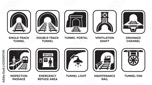 Railway tunnel icons set, 10 black and white subway infrastructure symbols, underground train transport vector elements for engineering and safety