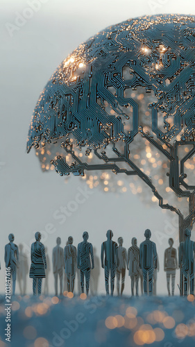 Nature conservation circuit tree glowing technology with human silhouette and abstract network light for digital future