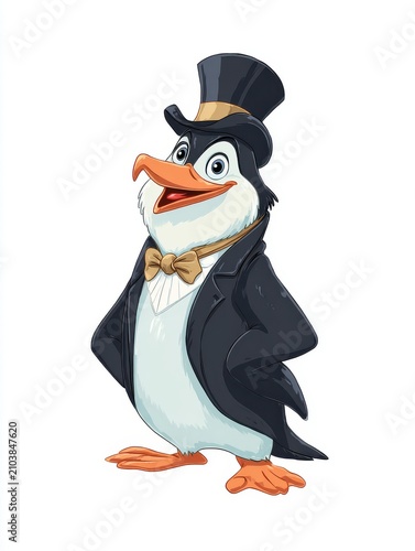 Cartoon Penguin Wearing A Black Tuxedo And Top Hat Isolated On White Background
