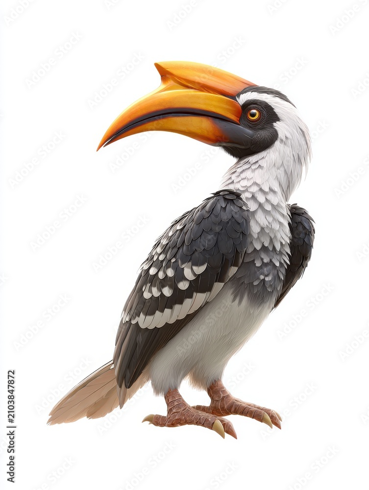 Fototapeta premium Detailed Portrait Of A Von Der Decken Hornbill Isolated On A Plain White Background Studio Shot