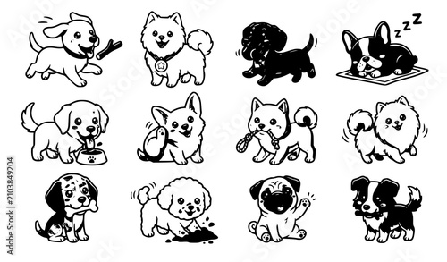 Valokuva Cute Dog Activities Cartoon Mascot Vector Illustration Playful Puppy Habits Flat