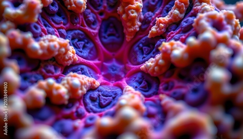 The image features a vibrant, close up view of a colorful marine organism, highlighting intricate textures and patterns