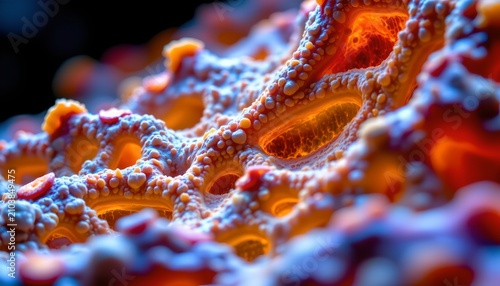 The image depicts a close up view of a vibrant, textured marine organism, likely a type of coral or sea sponge, characterized by its bright orange and blue hues