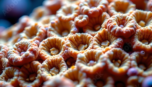 The image features a close up view of a cluster of orange coral like structures with intricate, ruffled edges and circular openings at the centers