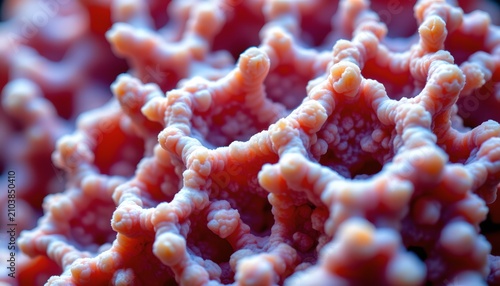 The image depicts a close up view of a coral, highlighting its intricate and textured surface. The coral features numerous small, finger like projections that form a complex, maze like pattern