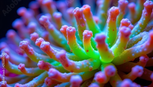 The image features a close up view of a colorful coral or sea anemone with numerous elongated, finger like projections