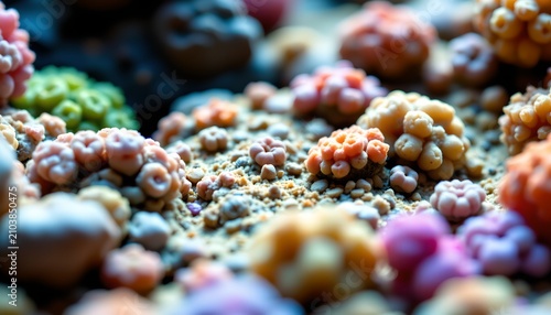 The image features an assortment of colorful, small, flower shaped objects that resemble candies or decorative items