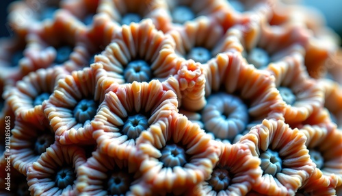 The image features a close up view of multiple coral like structures with intricate, ruffled edges. These formations are arranged densely, showcasing their spiral shapes and textured surfaces