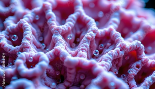 The image depicts a close up view of a vibrant, textured coral structure with intricate ridges and folds. Small bubbles are scattered across the surface, adding a sense of liveliness and depth