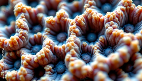 The image depicts a close up view of multiple coral like structures with vibrant, textured surfaces