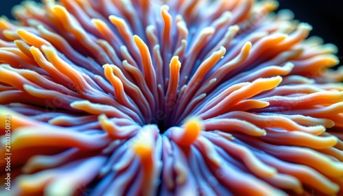 The image shows a close up of a vibrant, colorful marine organism with numerous finger like tentacles radiating outward from the center