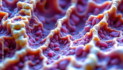 The image depicts a highly detailed, close up view of a textured, organic surface featuring ridges and valleys