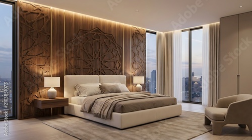 Minimalist luxury bedroom with large geometric wood wall art and panoramic city views through floor to ceiling glass panels.