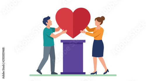 Bild auf Leinwand Couple placing large heart symbol on pedestal