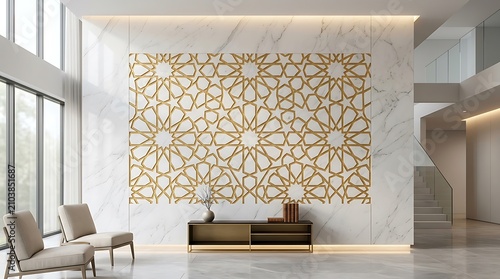 Modern living room featuring white marble wall with ornate gold islamic geometric pattern and cozy furniture for luxury decor.