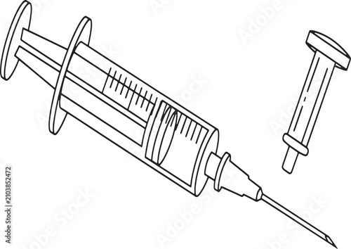 Black line drawing of medical syringe with needle with outline vector illustration, displays black, needle plunger, pharmaceutical, vaccination, coronavirus, healthcare, infectious, laboratory, doctor