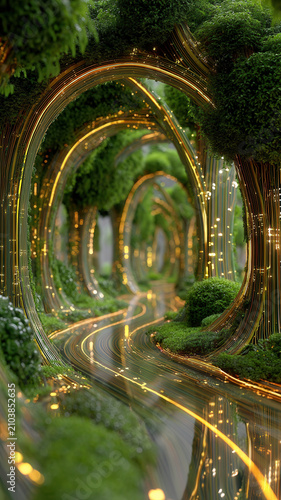 Forest light trail nature conservation arch glowing path through lush green garden tunnel with magical calm mood