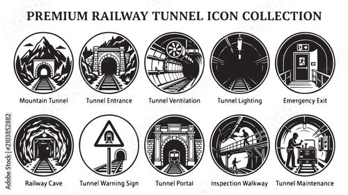Fotografía Premium railway tunnel icon collection, 10 black and white vector emblems, under
