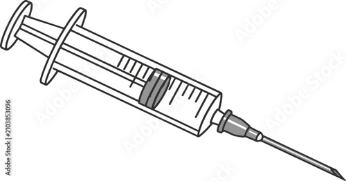 Medical syringe illustration with needle and plunger on white background with background design purposes, plunger barrel isolated, detailed medical, first aid, pharmaceutical, prescription, healthcare