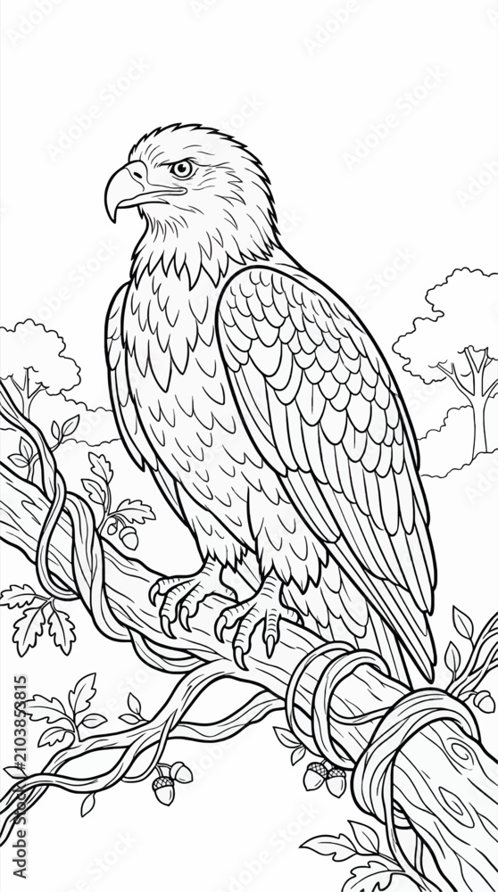 Fototapeta premium Majestic Bald Eagle Perched on a Thick Branch with Intertwining Vines and Acorns, Detailed Line Art Illustration for Coloring Pages, Nature Scene with Trees in Background
