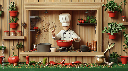 Professional Chef Preparing Gourmet Cuisine in a Rustic Wooden Kitchen Environment with Fresh Herbs and Vegetables