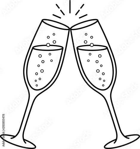 Фотография Two champagne glasses clinking in a toast vector illustration in black line art