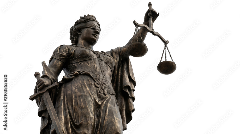 Obraz premium Bronze statue of Lady Justice holding scales and sword against sky concept for law and order Isolated on transparent background