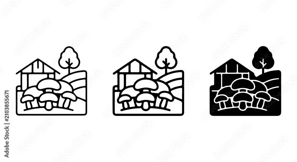 Obraz premium Mushroom Farm Icons, Organic Cultivation Vector Set, Rural Agriculture Graphics