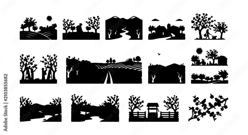 Obraz premium Rural Landscape Silhouettes, Countryside Scenes Vector Set, Nature Elements Collection