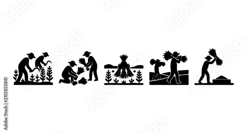 Bild auf Leinwand Agricultural Harvest Icons: Farming, Planting, Reaping, Rural Life, Manual Labor